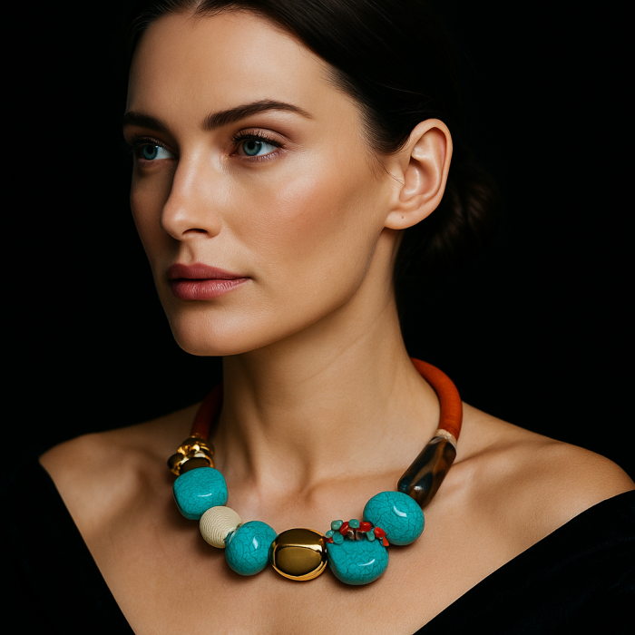 Naszyjnik z syntetycznych turkusów w stylu boho. Duże kule.